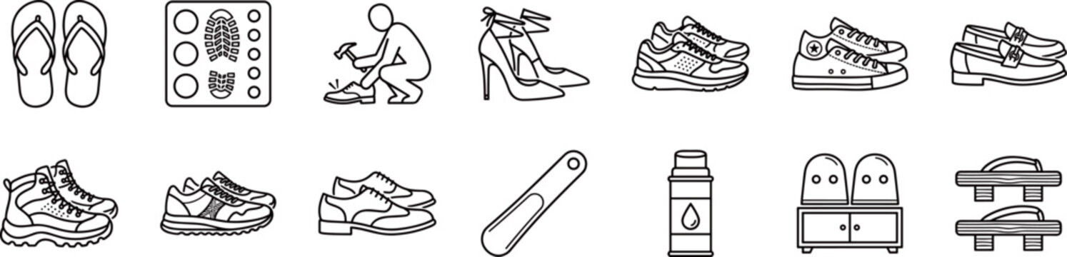 Footwear Icons Collection, Shoes Set, Fashion Accessories, Shoe Repair, Sneakers, Boots, Loafers, High Heels, Sandals, Flip Flops, Clogs Vector Icons