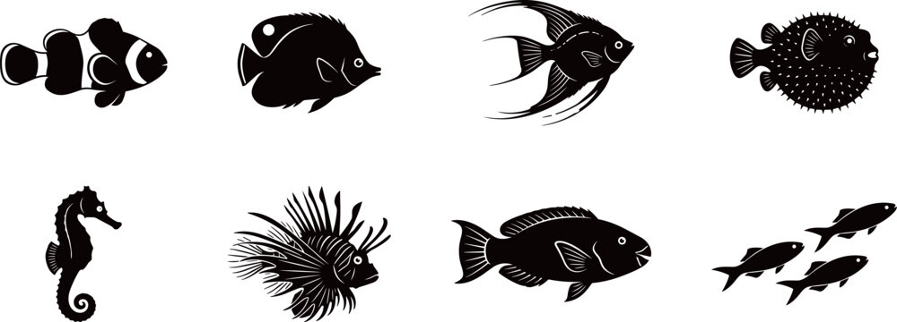 Tropical Sea Fish Silhouettes, Marine Life, Aquatic Animals, Underwater Creatures, Clownfish, Seahorse, Lionfish, Angelfish, Pufferfish Vector Shapes