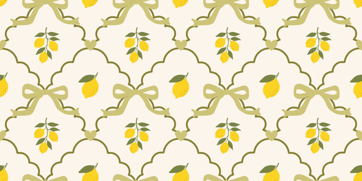 Vintage seamless pattern with lemons in whimsical frames, bows, ribbon. Summer mediterranean coastal print. Italian vacation vibe. Vector hand drawn illustration for fabric, wrapping paper, textile.