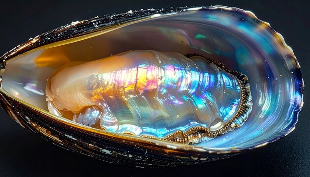 Iridescent mother-of-pearl inside mussel shell on dark background