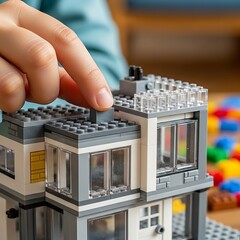 Fototapeta premium Child playing with gray Lego house.