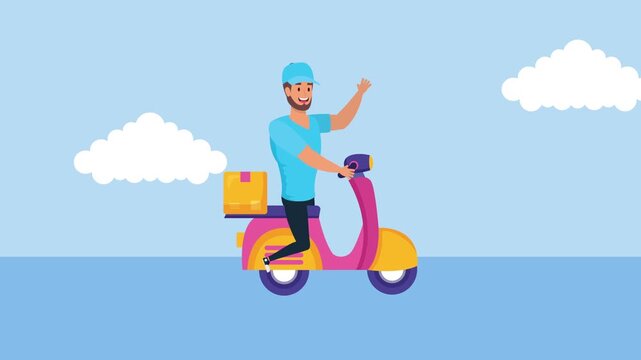 Delivery man on scooter with box waving hello, animated footage with clouds and blue background.