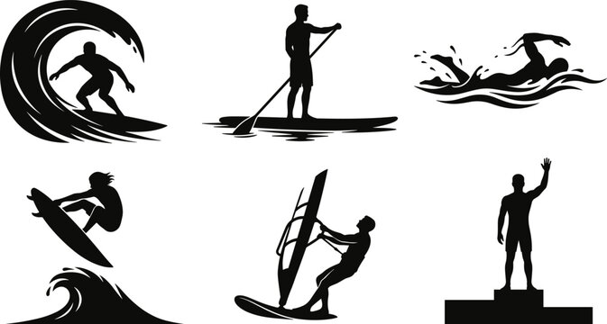 Water Sports and Surfing Silhouette Icons Set, Surfer, Paddleboarding, Swimming, Windsurfing, Winner on Podium, Summer Beach Activities and Competition