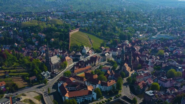 Aerial view of the old town in the city of Esslingen in Germany.  On sunny spring morning.