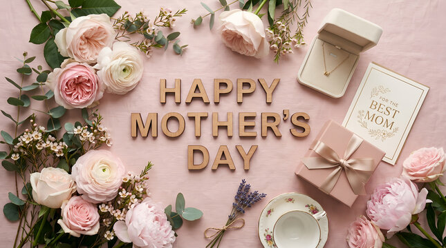 Beautiful flat lay composition with fresh flowers, elegant gifts, and a heartfelt message celebrating a special woman on her dedicated day