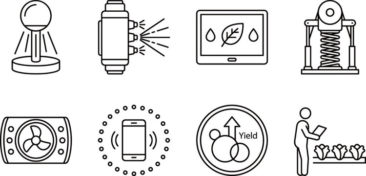 Smart Farming and Precision Agriculture Line Icons Set, Automated Irrigation, Soil Sensor, Drone Monitoring, Greenhouse Climate Control and High Crop Yield Symbols