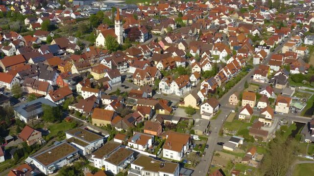 Aerial view of the village Ilsfeld in Germany on a sunny day in early spring
