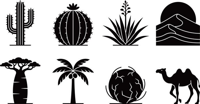 Desert Landscape and Arid Climate Flora and Fauna Icons, Saguaro Cactus, Baobab Tree, Camel, Sand Dunes, Tumbleweed and Oasis Palm Tree Black Silhouette Symbols
