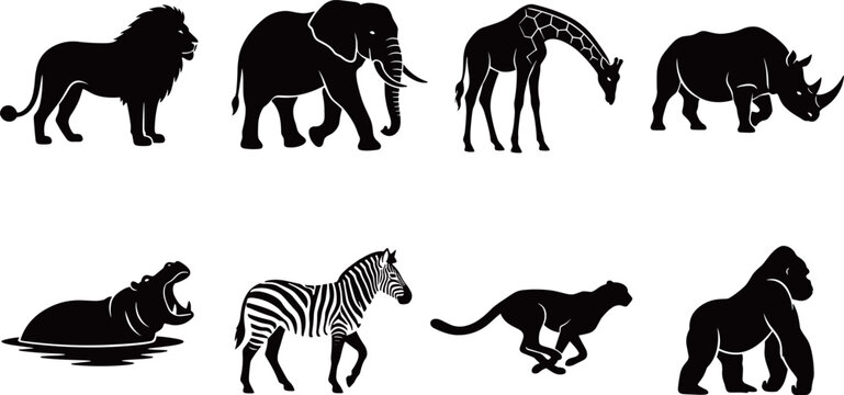 African Safari Wildlife Animals Silhouette Icons Set with Lion, Elephant, Giraffe, Rhino, Hippo, Zebra, Cheetah and Gorilla Isolated on White Background