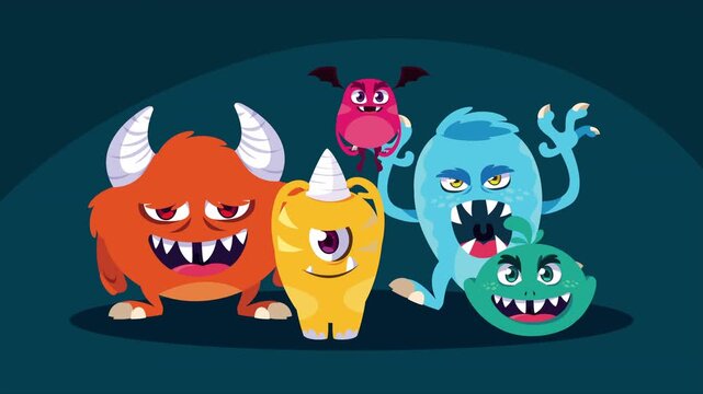 Group of colorful cute cartoon monsters dancing and playing together on dark background animated footage.