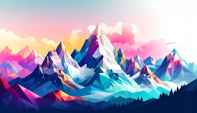 Surreal crystal mountain range at sunrise with vibrant gradient sky