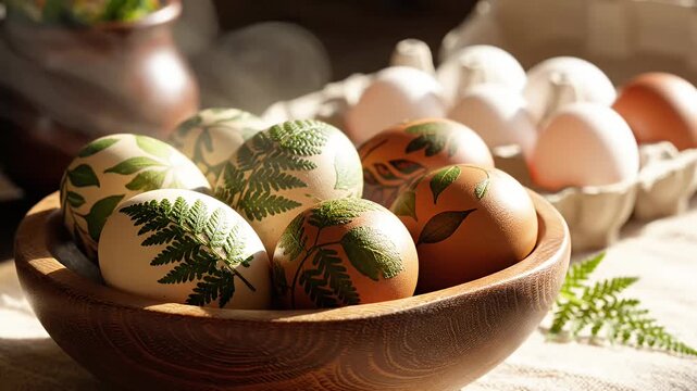 Decorated easter eggs displayed in a wooden bowl with natural elements
