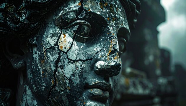 Ancient stone statue face with weathered cracks and moss under dramatic lighting