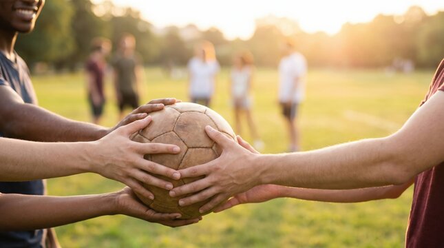 Diverse group of young adult friends holding a worn soccer ball together in a sunny park for a team sports concept
