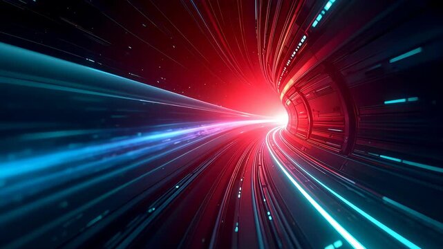 Red futuristic tunnel with glowing light trails illustrating rapid data transmission and high speed technological movement