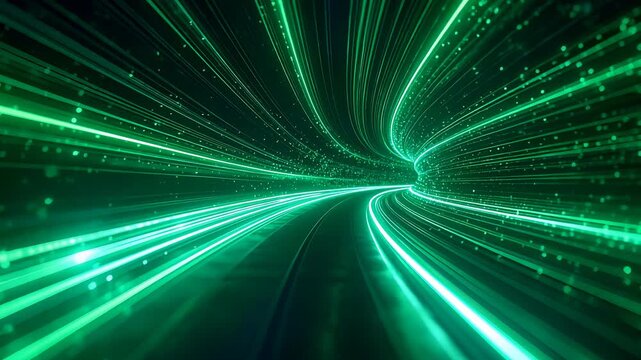 Green digital tunnel with luminous streaks symbolizing advanced network connectivity and futuristic data flow visualization