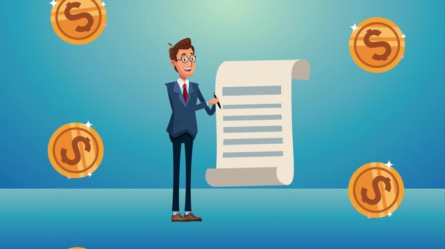 Businessman animation writing on a paper document with flowing golden dollar coins illustrating financial activity and wealth.