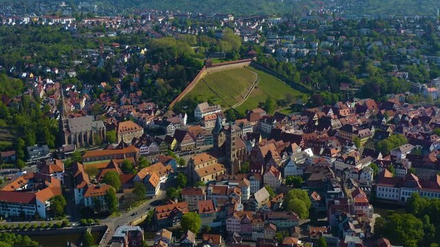 Aerial view of the old town in the city of Esslingen in Germany.  On sunny spring morning.