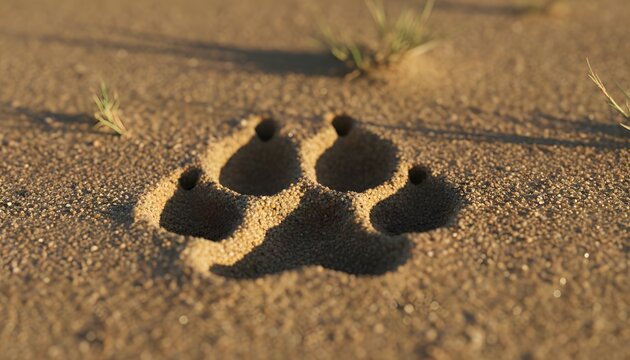 Detailed lion track in dry sand during golden hour for wildlife tracking concept showing predatory animal presence in the wild savanna environment with soft lighting