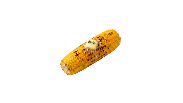 Food photography of grilled corn on the cob topped with melted butter and fresh herbs isolated on a clean white background. 