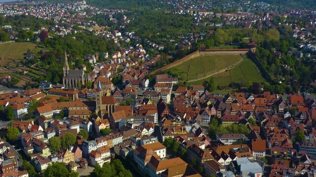 Aerial view of the old town in the city of Esslingen in Germany.  On sunny spring morning.