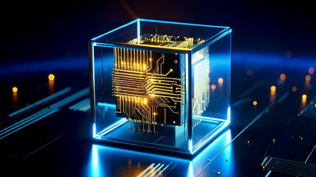 Futuristic glowing cube processor on circuit board symbolizing advanced computing power and quantum technology innovation