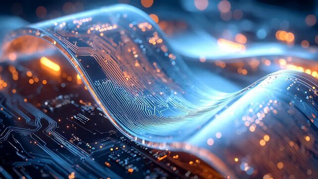 Flexible electronic chip bending over illuminated circuit surface representing innovation in modern semiconductor technology