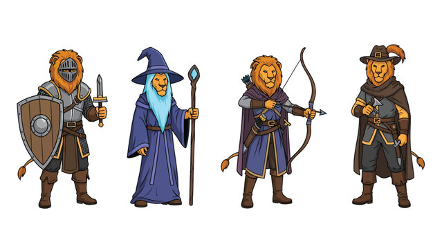 Anthropomorphic Lion Fantasy RPG Characters Set: Warrior, Wizard, Archer, Rogue