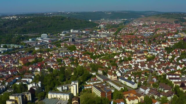 Panoramic Aerial view of  the city of Esslingen in Germany.  On sunny spring morning.
