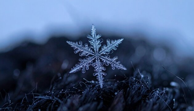 Frosted snowflake on dark fabric in soft natural light