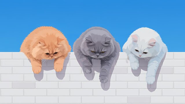 白いレンガ壁から下をのぞき込むモフモフした3匹の猫のユーモラスなイラスト