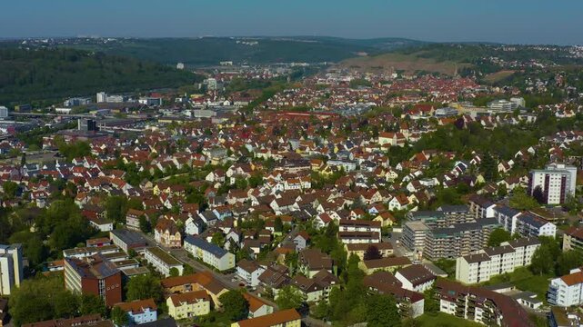 Panoramic Aerial view of  the city of Esslingen in Germany.  On sunny spring morning.