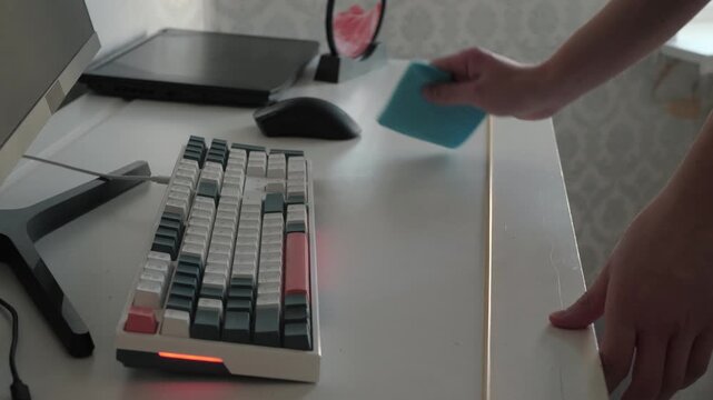 Cleaning desk setup. Tidy workspace with microfiber cloth. Maintaining neat and clutterfree creative workspace environment. Content creator tidying their organized desk area between work tasks