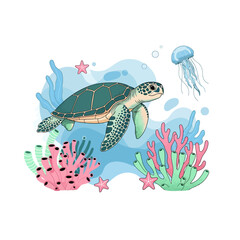 Vibrant underwater scene with a sea turtle swimming among colorful coral reefs, starfish, and a jellyfish. © davis