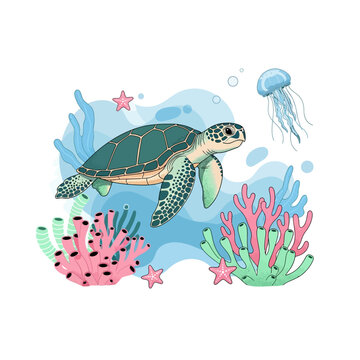 Vibrant underwater scene with a sea turtle swimming among colorful coral reefs, starfish, and a jellyfish.