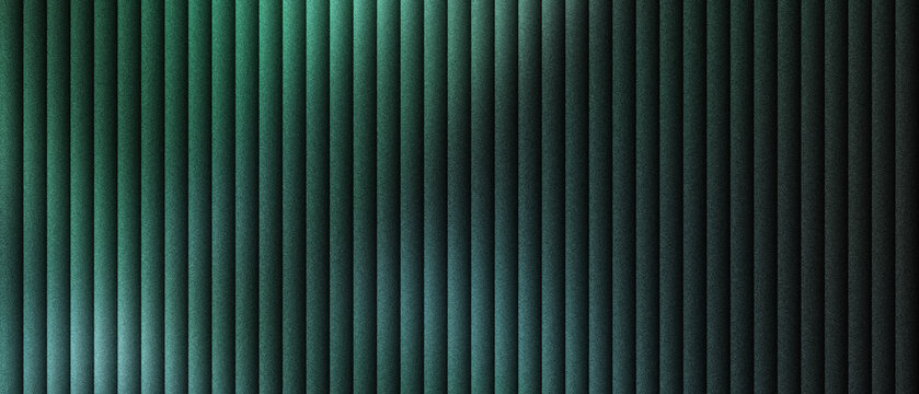 Industrial corrugated metal texture with dark teal lighting, vertical ribbed steel panel background for architectural design, metallic grooved surface with moody green shadows and highlights.