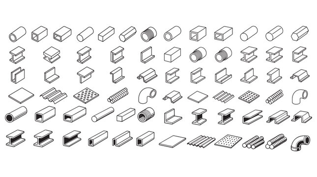 Isometric Metal Profiles and Structural Beam Icons Set for Engineering and Construction Design