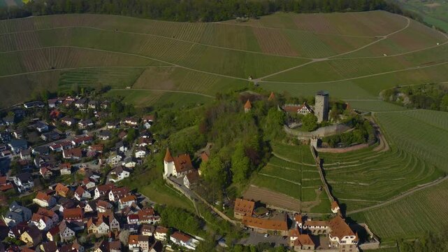Aerial view of the village and castle Beilstein in Germany on a sunny day in early spring noon.