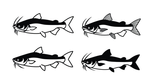 Set of four black and white catfish illustrations. Simple graphic aquatic animal icons with barbels.
