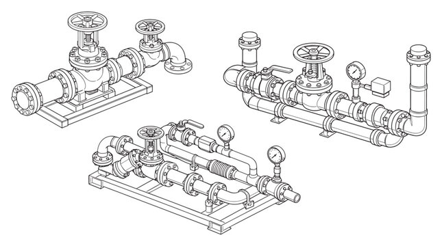 Industrial Pipe Assembly with Valves and Gauges Engineering Isometric Plumbing Schematic Diagram
