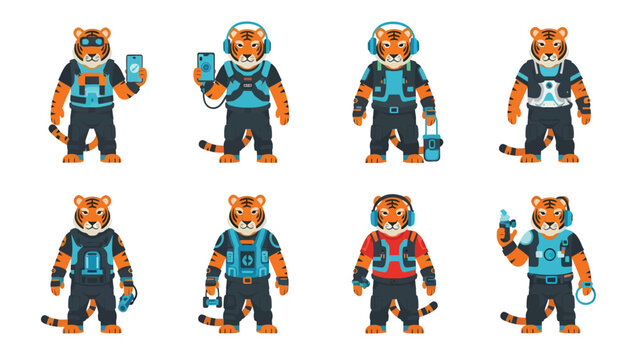 Collection of Stylish Tiger Characters with Modern Tech Accessories and Urban Outfits