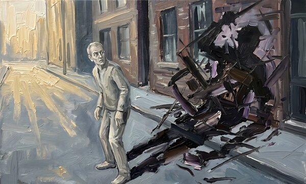 An expressionist oil painting on canvas: a lone figure &mdash; a person in their 40s, standing in ordinary daylight on an empty street &mdash; casts an enormous, grotesquely distorted shadow behind them.