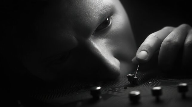 Close up of a persons face and hand manipulating small objects in monochrome