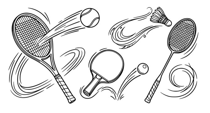 Dynamic line art collection of tennis badminton and ping pong sports equipment vector illustration