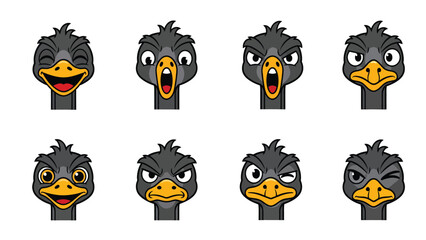 Ostrich Head Cartoon Expressions Vector Set: Funny Bird Faces with Diverse Emotions