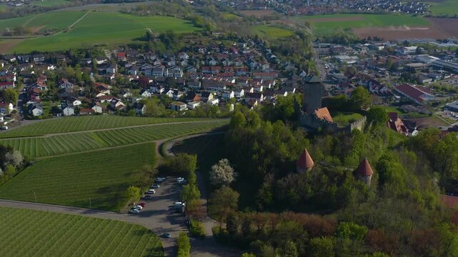 Aerial view of the village and castle Beilstein in Germany on a sunny day in early spring noon.