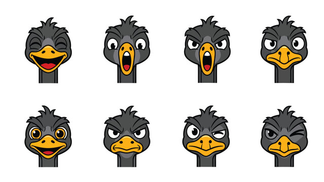 Ostrich Head Cartoon Expressions Vector Set: Funny Bird Faces with Diverse Emotions