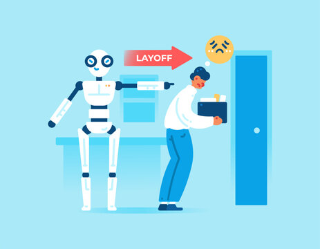 illustration of an employee who was fired because of and replaced by an AI robot. worker layoffs. concept of termination of employment due to artificial intelligence. being expelled from a company 