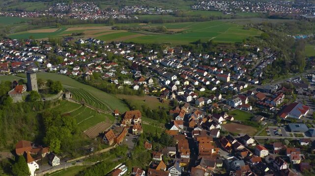 Aerial view of the village and castle Beilstein in Germany on a sunny day in early spring noon.