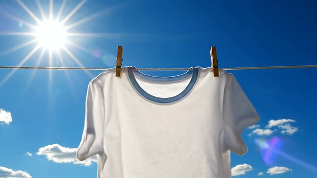 White t shirt hanging outdoors under bright sunlight and blue sky